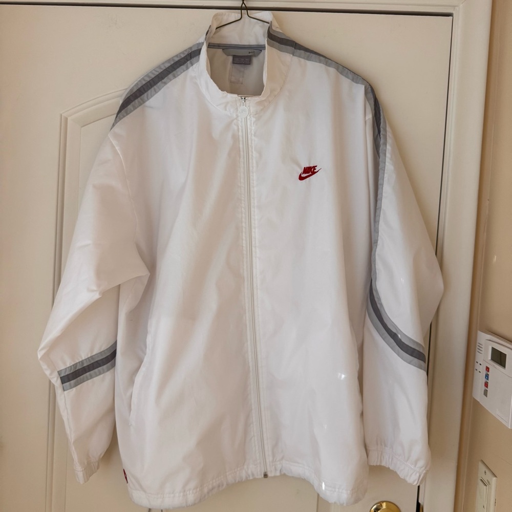 Nike White Gray Full Zip Long Sleeves Red Swoosh  Windbreaker Jacket Mens XXL